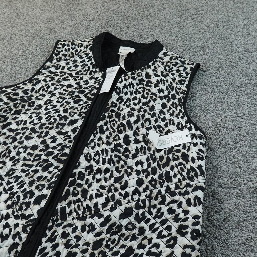 NEW Chicos Vest Womens 1 Black Leopard Quilted Reversible Puffer Coat Mid Length